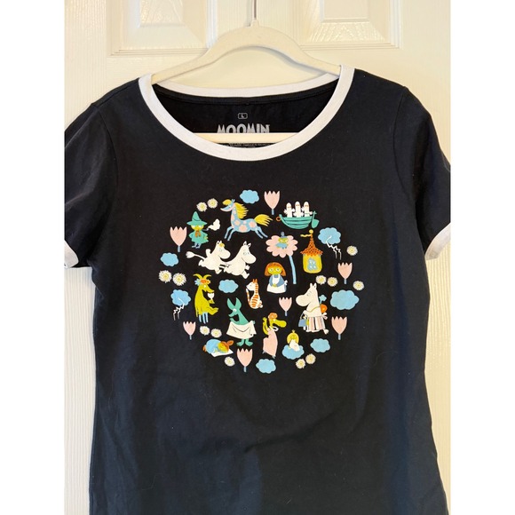 Moomin Characters Graphic Tee L Black Ringer Shirt Nordic Cartoon - Picture 2 of 5